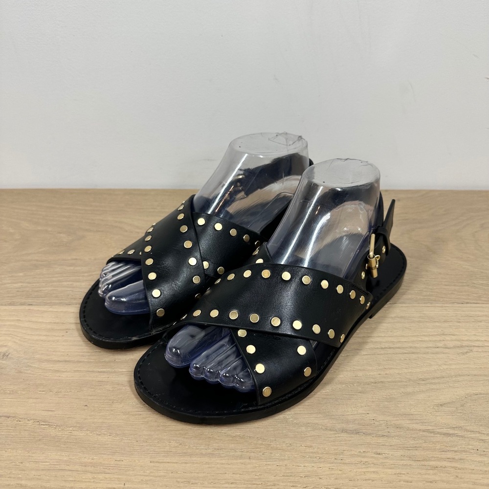 Madewell Studded Sandals Women's 7 Black Leather Gold Studded Flat